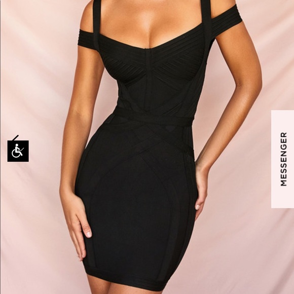 House of CB Blaise Black Bardot Bandage Mini Dress - Picture 2 of 13